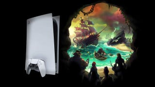 A PlayStation 5 on a black background next to the Sea of Thieves logo.