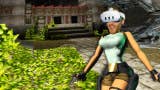 Ian Higton's head is on Lara Croft's body. He is hearing a Quest 3 VR headset and the background is an old temple from the 1996 original game.