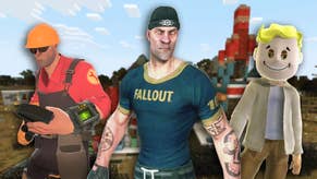 A Team Fortress 2 Engineer, a Brink character and an Xbox avatar dressed in Fallout Crossover cosmetics standing in front of a Minecraft version of the Red Rocket gas station.