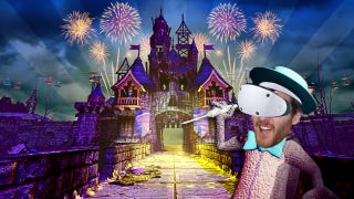 Ian Higton is wearing a Squirrel Costume and wielding a very sharp syringe as he stands outside the HappyFunland theme park. It is a a gloomy, spooky image but fireworks are exploding above a central castle.