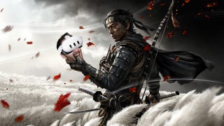 Jin Sakai, the star of Ghost of Tsushima is standing in a field, holding Ian Higton's head. Ian is wearing a Quest 3 headset.