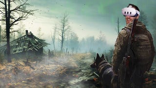 Ian Higton has been superimposed onto the ConVRgence key art. He is standing facing an apocalyptic wilderness with a dog by his side. He is wearing a Meta Quest 3 headset.