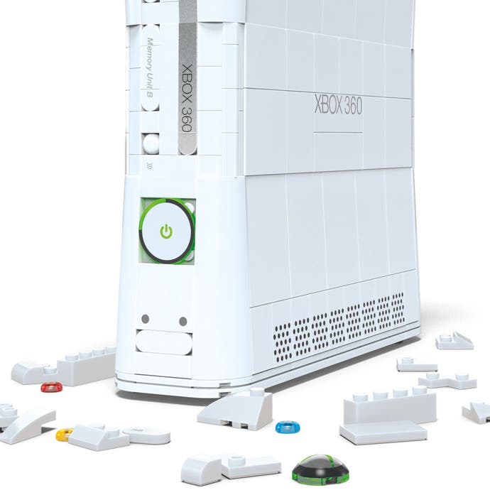Mattel's Mega Xbox 360 building kit, including console, controller and Halo 3 case.