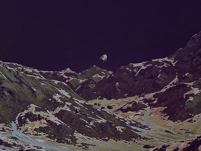 A screenshot of a glitchy ghost asteroid above a planet's surface in Starfield, posted by Twitter user Niall H.