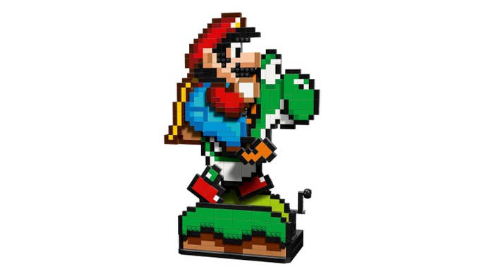 Lego Super Mario World set featuring Mario riding atop Yoshi, pixel art style.