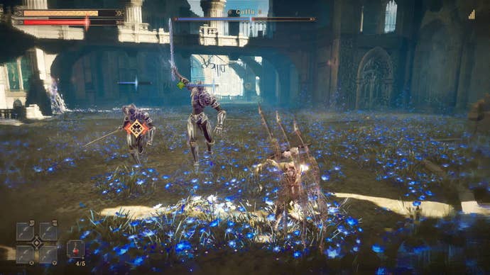 An archer prepares to fire at a large swordsman in Babylon’s Fall