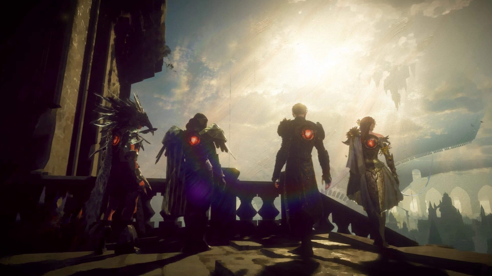 A screenshot of Babylon&rsquo;s Fall showing four heroes standing and looking out over a bright sky.
