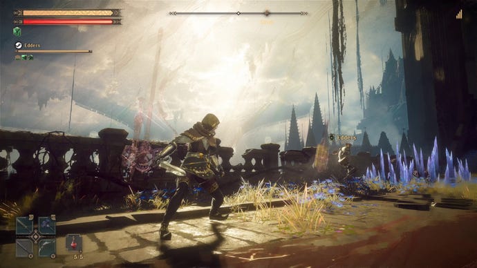 A warrior stands on a stone bridge in Babylon’s Fall