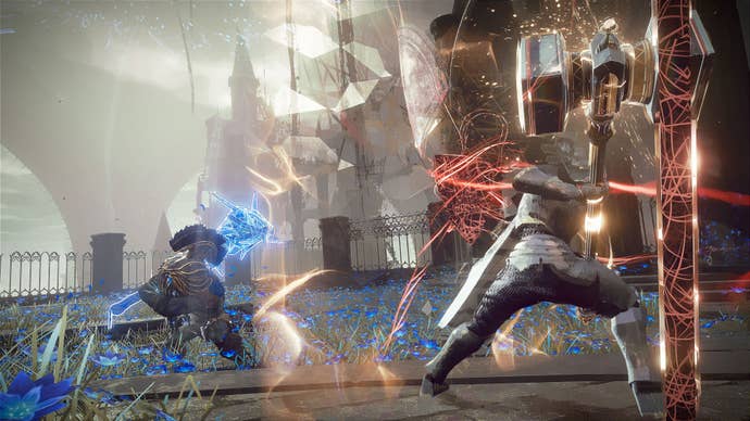 A warrior with a large hammer prepares to fight an orc, who has an equally large hammer, in Babylon’s Fall