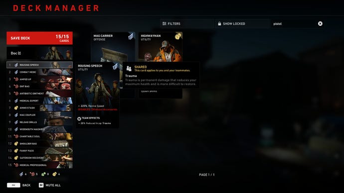 Back 4 Blood Doc build, highlighting the Rousing Speech card.