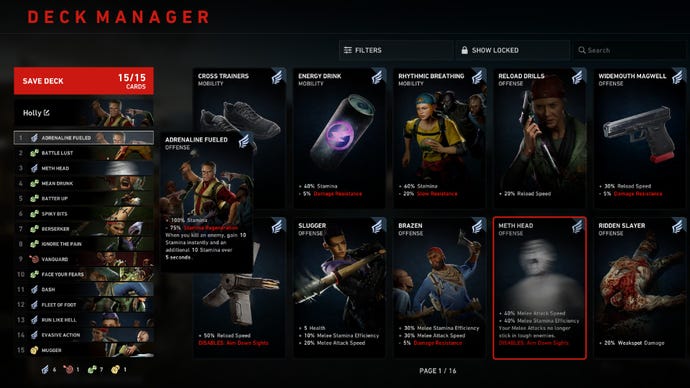 Holly deck in Back 4 Blood, highlighting the Adrenaline Fuelled card