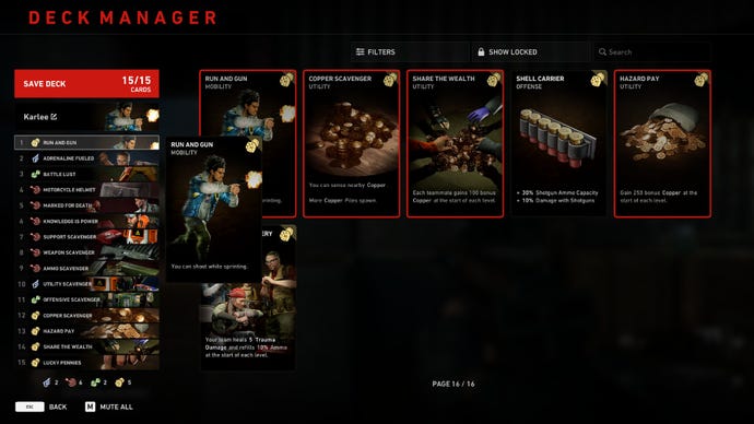 Back 4 Blood Karlee build, highlighting the Run And Gun card