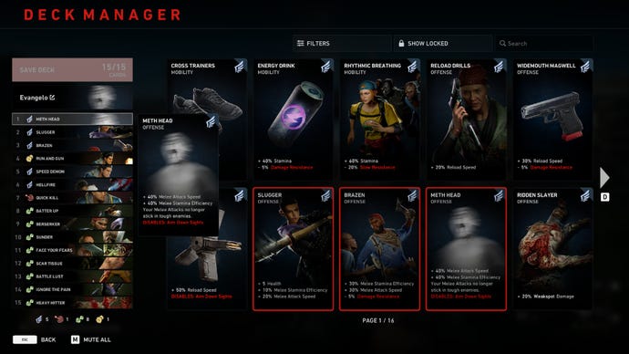 Back 4 Blood Evangelo melee build with meth head, brazen, and slugger cards on screen