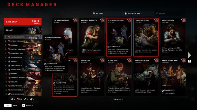 Back 4 Blood Mom build, highlighting the Inspiring Sacrifice card