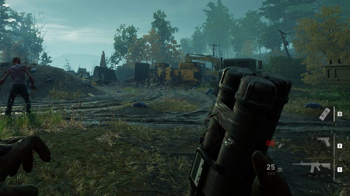 Pipe bomb in player’s hand about to be thrown towards zombies in Back 4 Blood