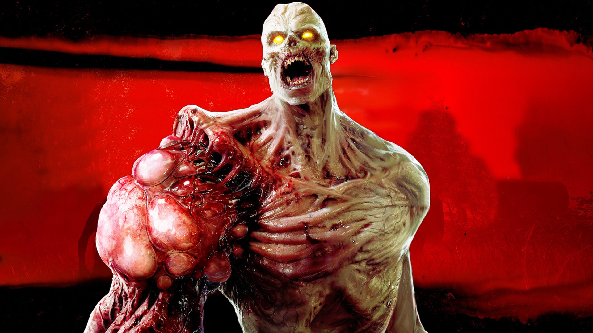 A tallboy enemy from Back 4 Blood in front of a red and black background