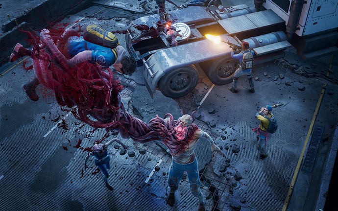 A huge zombie crushes a human player with their giant arm in Back 4 Blood