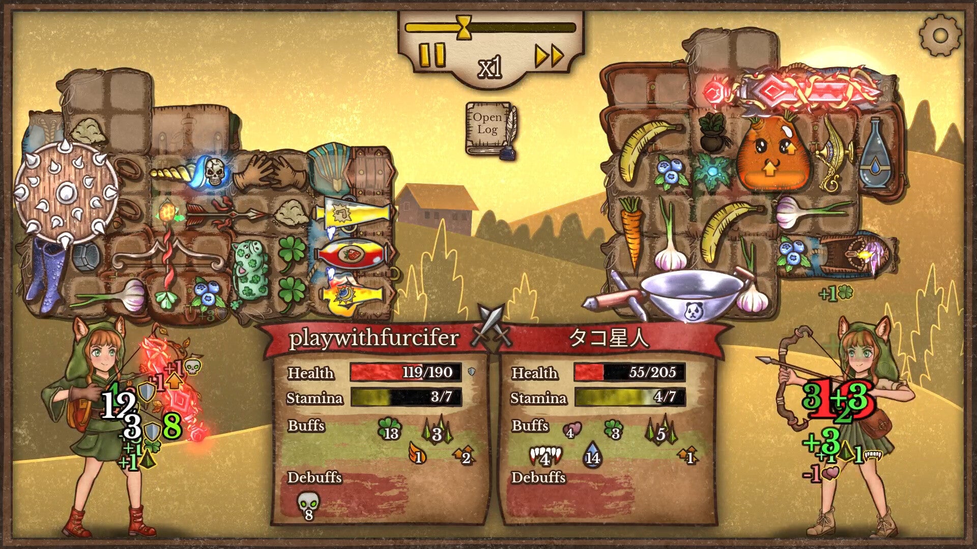 Two hooded girls do battle with the items in their backpack in Backpack Battles - 25