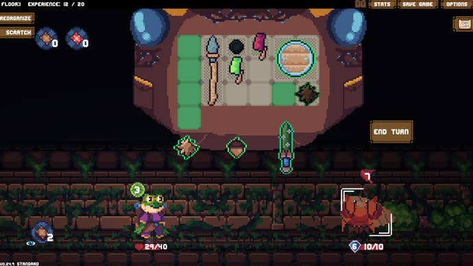 A small frog character stands underneath a huge open backpack that’s filling half the screen, organised into tiles, and there are a variety of weapons and items filling those tiles.
