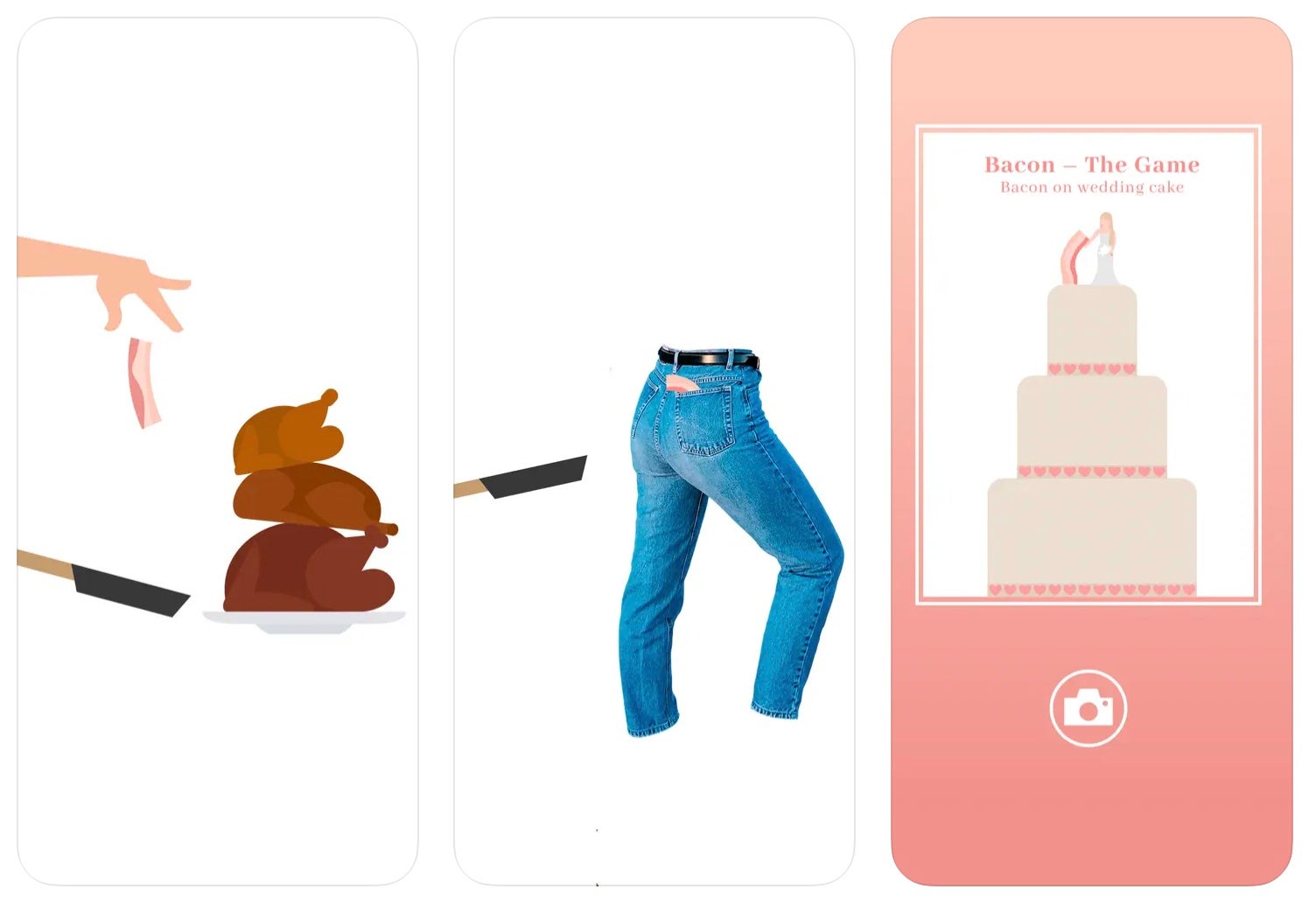 A screen for Bacon: The Game, showing a frying pan, some chickens, a pair of jeans and a cake. It&rsquo;s very surreal.