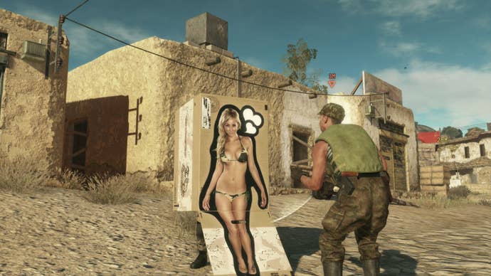 An enemy in Metal Gear Solid is entranced by the sexy lady pinup on the outside of Snake's box diguise