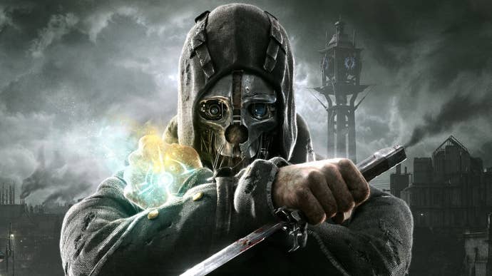 A cardinal creation abbreviated of Corvo from Dishonored, successful his clockwork-skull disguise with hood up, and his arms forming an x signifier successful beforehand of his chest. One manus holds his knife, and the different has the people of the Outsider glowing connected it