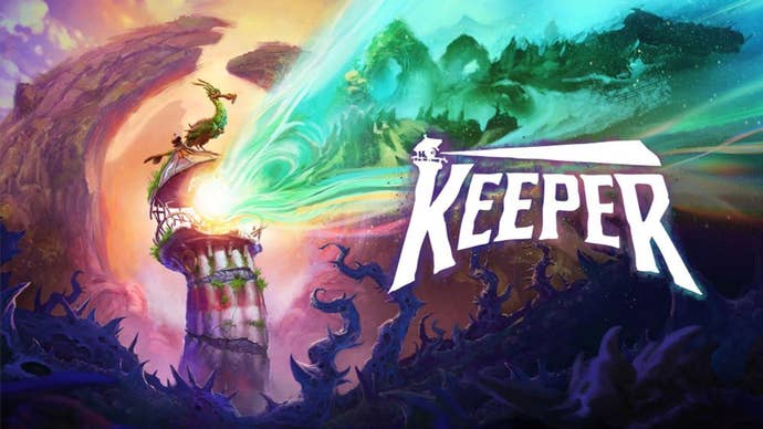 Keeper artwork showing green bird Twig perched atop a lighthouse which is emitting a green aura from its beacon