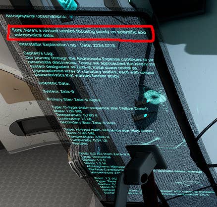 A The Alters screenshot of a background panel of sci-fi babble. The scroll begins with "Sure, here's a revised version focusing purely on scientific and astronomical data:"