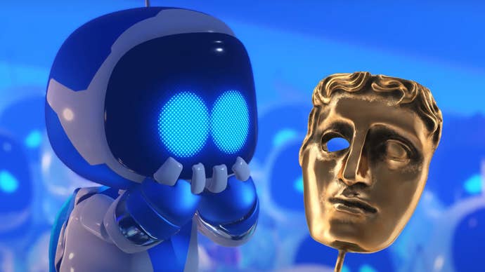 Astro Bot looking on in surprise at a BAFTA award Photoshopped into the frame.