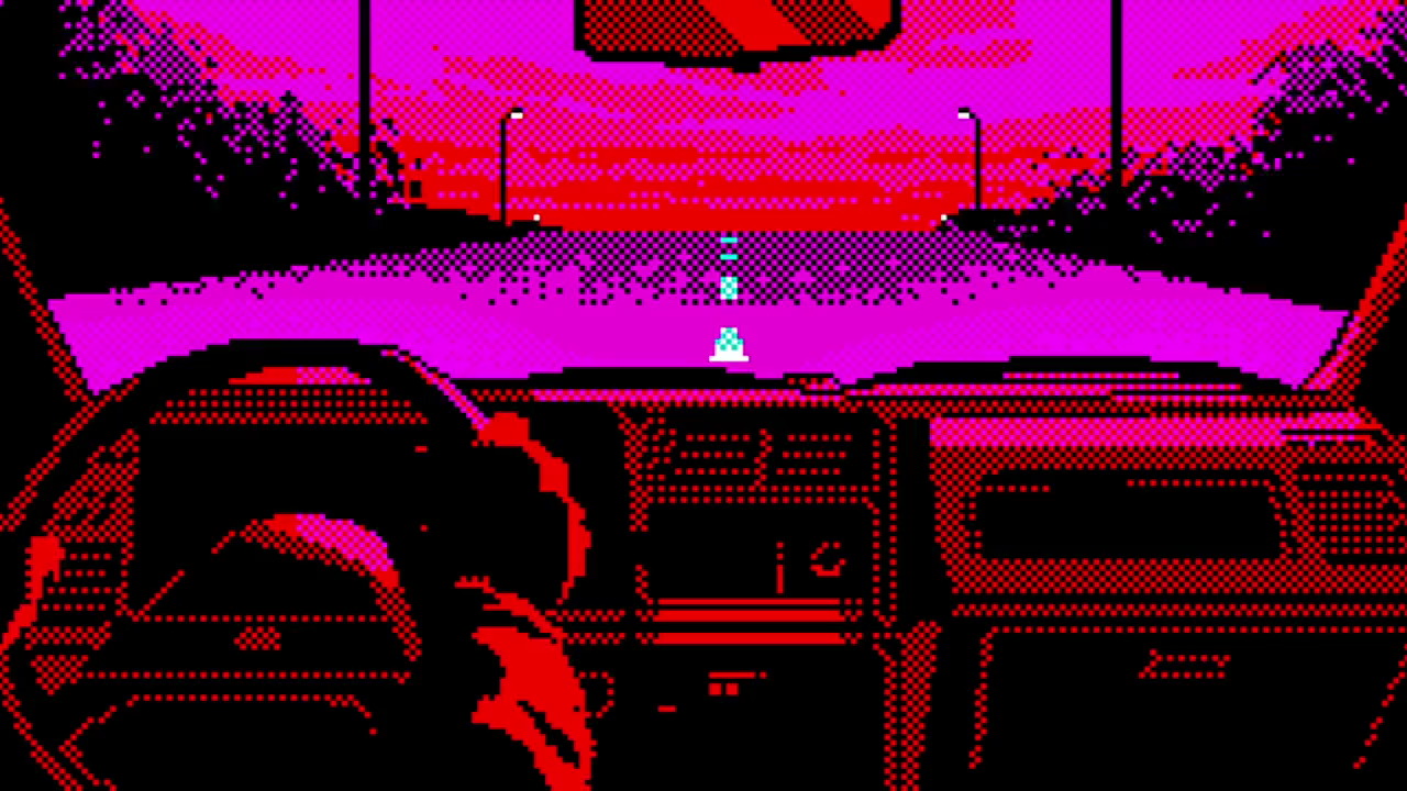 A lurid pink &amp; red first-person view of driving in Bahnsen Knights.