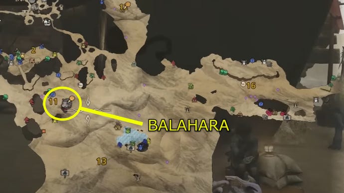 Un mapa que muestra la ubicación del Balahara en Monster Hunter Wilds.