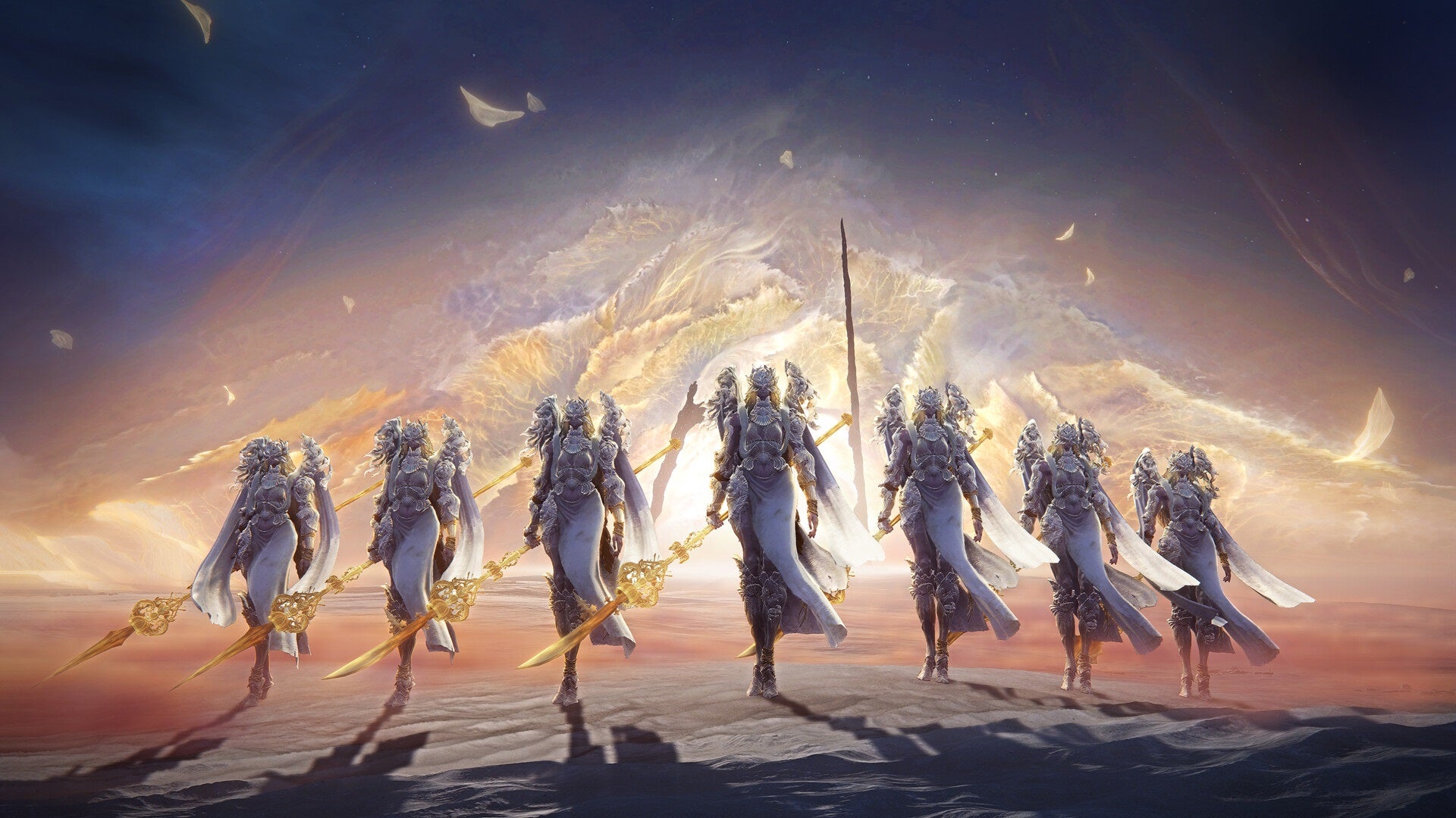 The Balancers boss - a collection of 7 angelic beings - march forward in this image from the Elden Ring Nightreign DLC The Forsaken Hollows.
