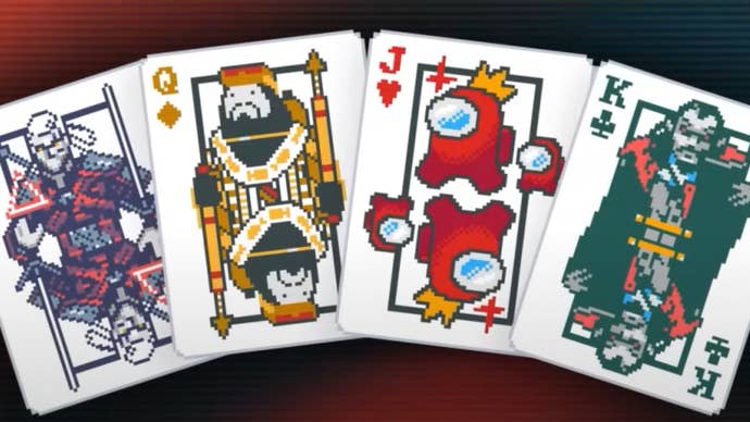 Promotional art for Balatro’s free Friends of Jimbo update showing characters from The Witcher, Dave the Diver, Vampire Survivors, and Among Us on its in-game playing cards.