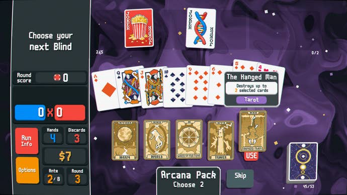 Removing cards from a Balatro deck with the Hanged Man card.