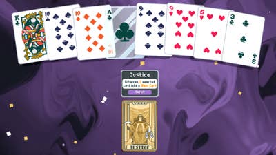 Balatro screenshot showing a hand of cards against a purple background. A separate "Justice" tarot card has been selected and offers to enhance one card into a glass card.