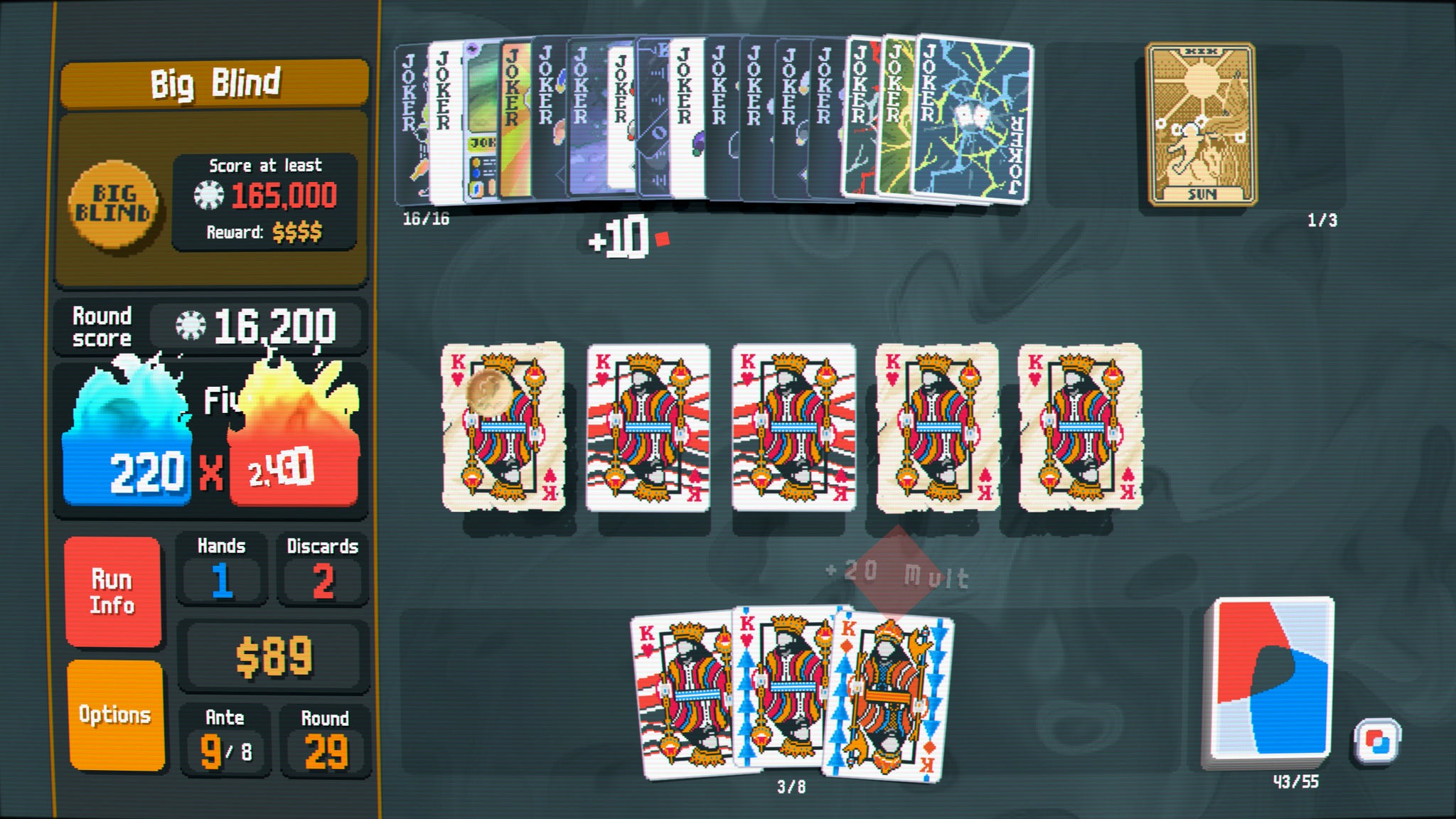High-scoring cards popping off in a Balatro screenshot. - 3