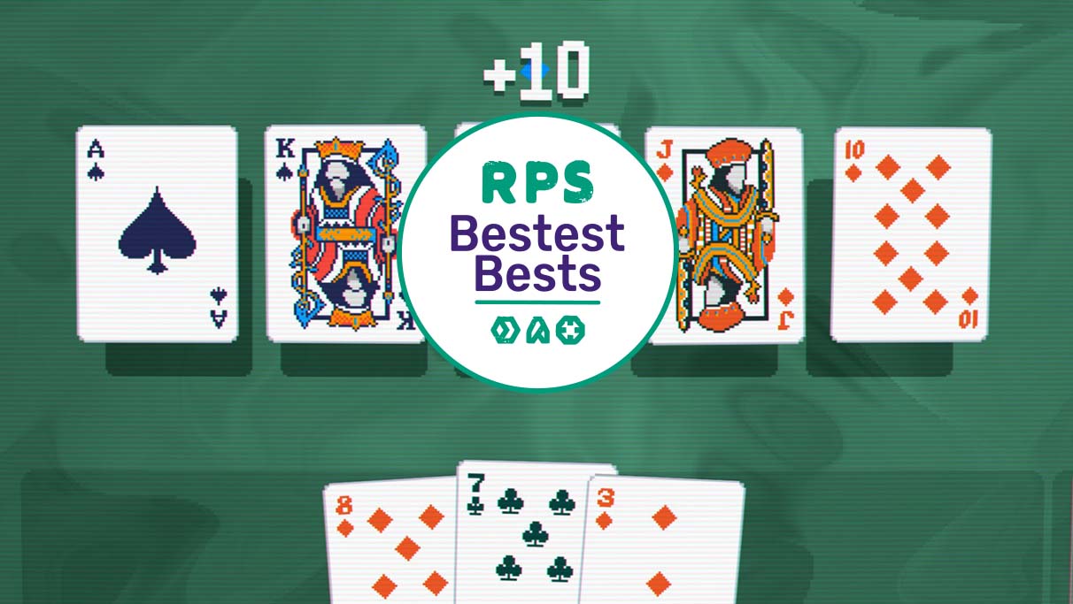 A straight hand of poker from Balatro, with the RPS Bestest Best logo in place of the Queen - 20
