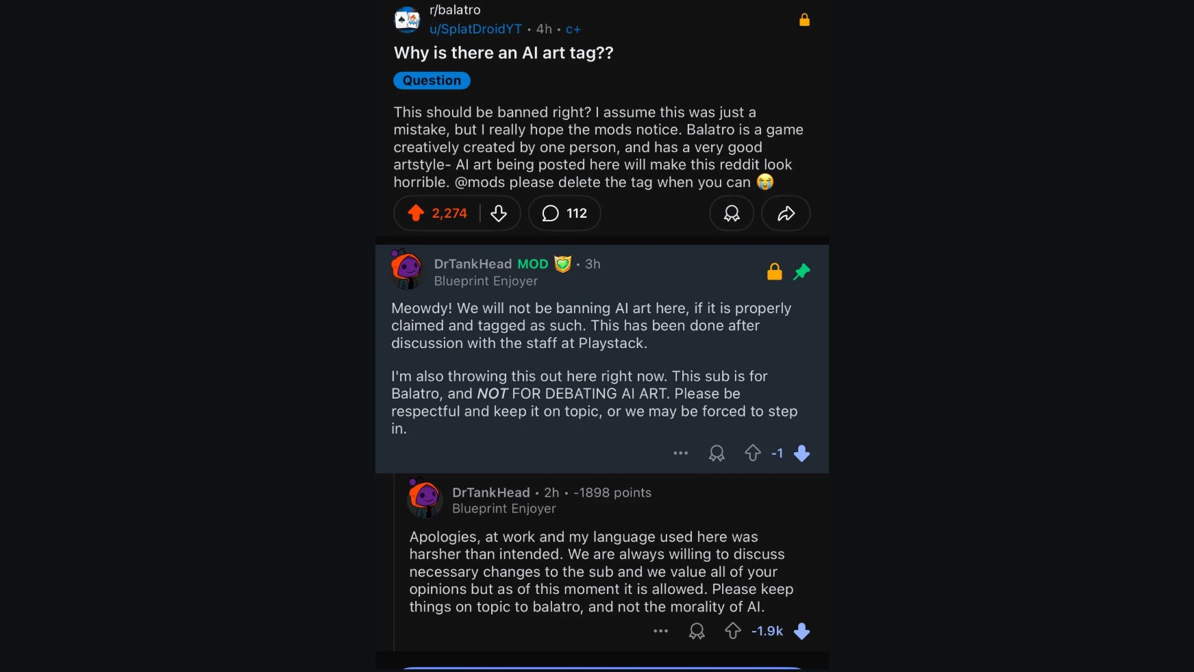 An argument in the Balatro subreddit about AI art. - 3