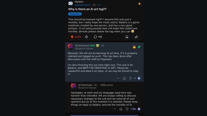 An statement successful the Balatro subreddit astir AI art.