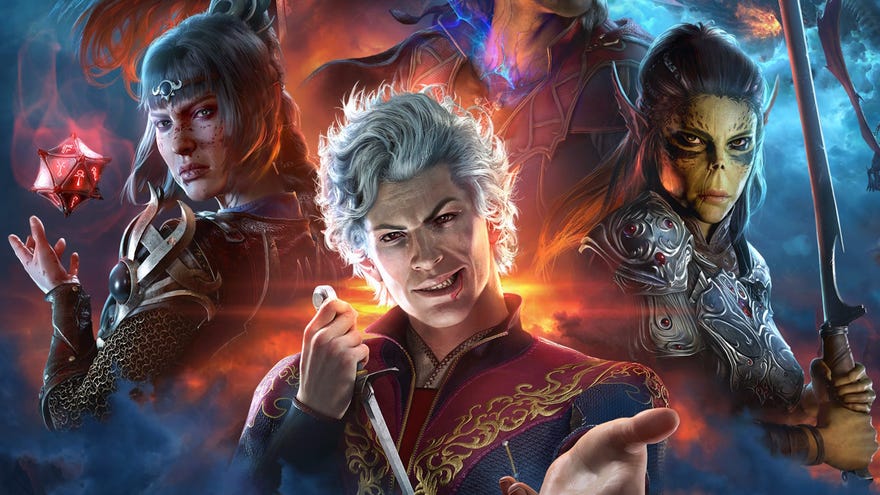Key art for Baldur’s Gate 3, showing Shadowheart, Astarion and Lae’zel