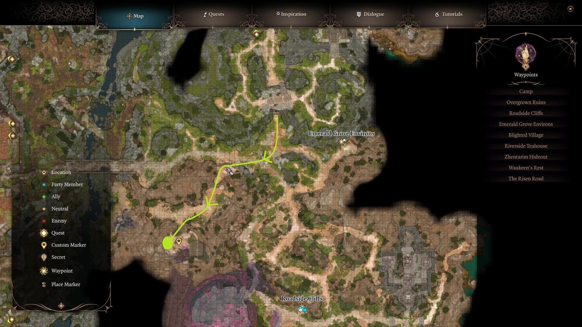 An annotated map showing the route from the Emerald Grove to the location indicated by the perfumed letter item in Baldur&rsquo;s Gate 3.