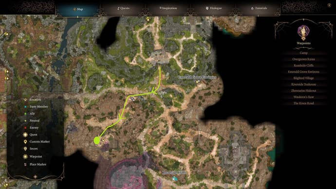 An annotated map showing the route from the Emerald Grove to the location indicated by the perfumed letter item in Baldur’s Gate 3.