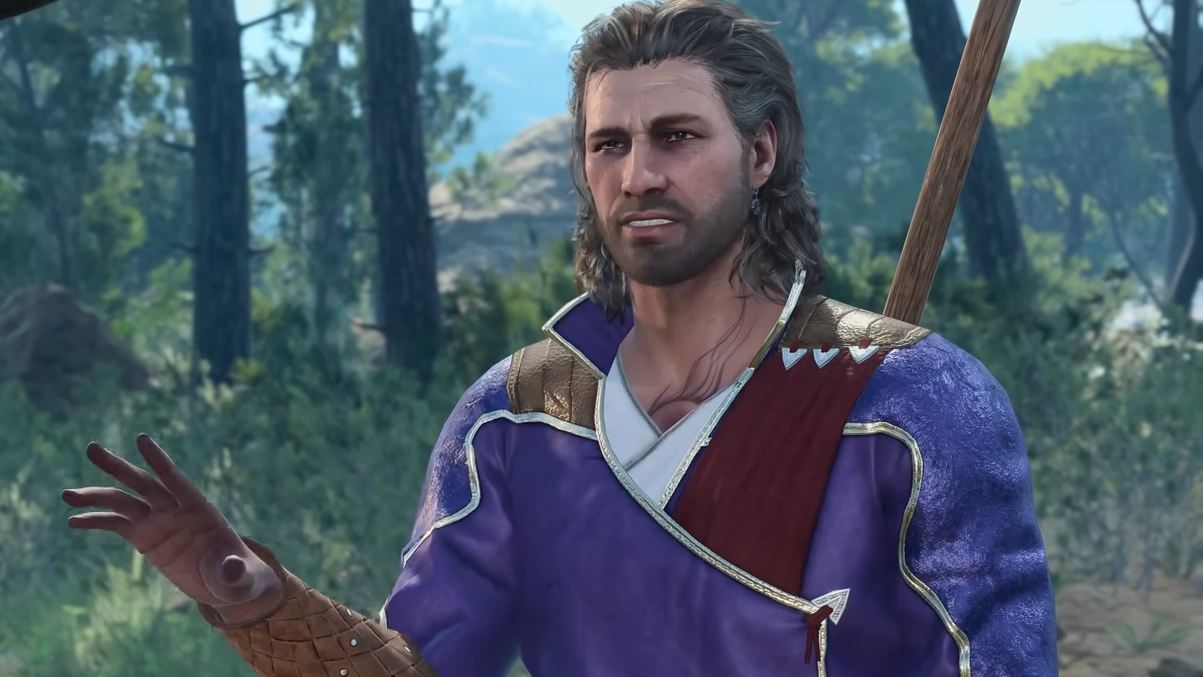 Baldur&rsquo;s Gate 3&rsquo;s Gale mid-conversation, likely waxing lyrical about the weave and whatnot