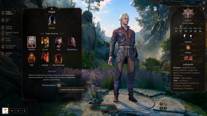 The character selection screen in Baldur’s Gate 3, highlighting the character introduction button
