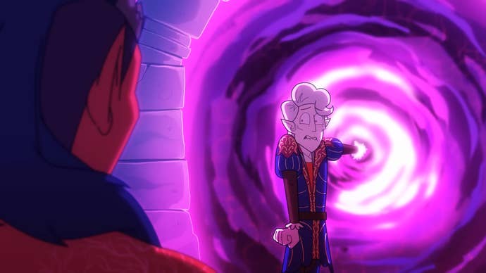 Viewed over Karlach’s shoulder, Astarion looks like he’s starting to regret sticking his hand into a glowing purple portal.