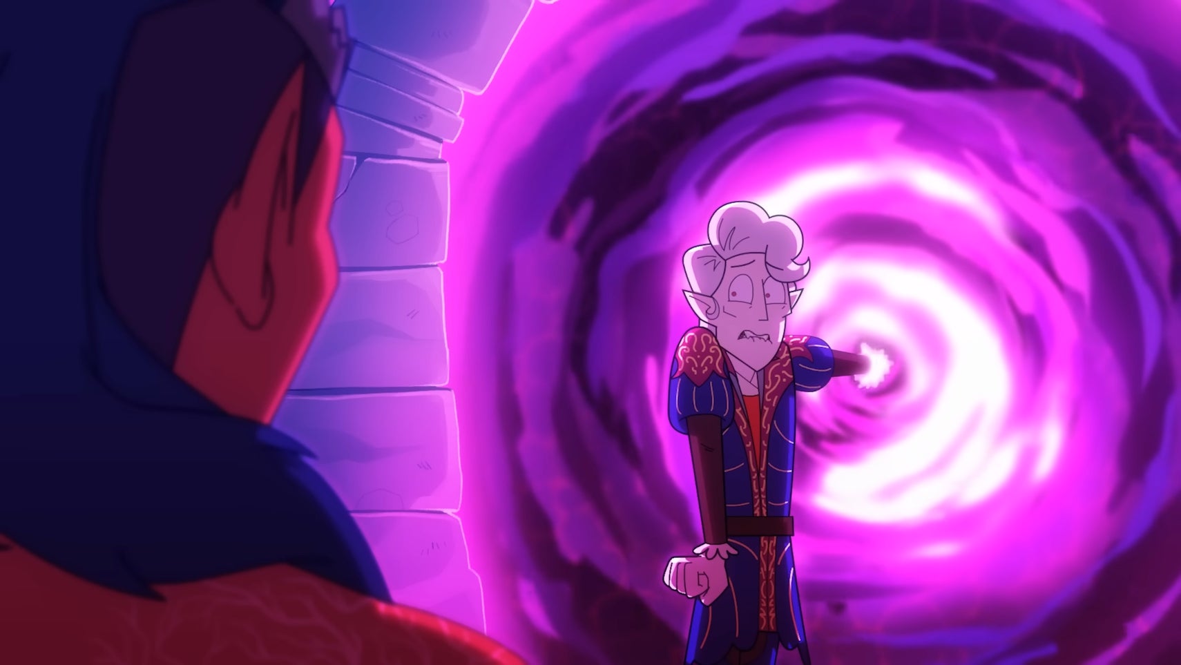 Viewed over Karlach's shoulder, Astarion looks like he's starting to regret sticking his hand into a glowing purple portal. - 1