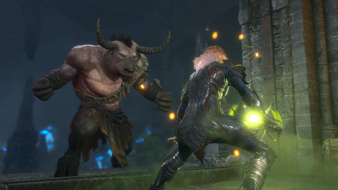 A lone fighter wields a green energy orb in a battle against a Minotaur-like monster.