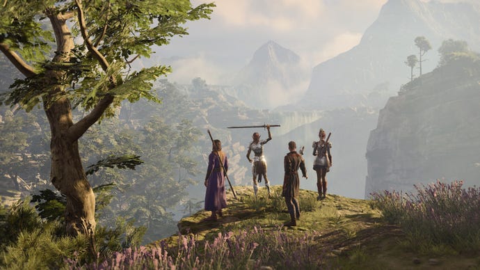 Gale, Lae'zel, Wyll, and Shadowheart stand facing away from the camera on a craggy hill overlooking a misty valley with a waterfall at its far end. Lae'zel has her sword raised in victory, while the rest are posed more casually.