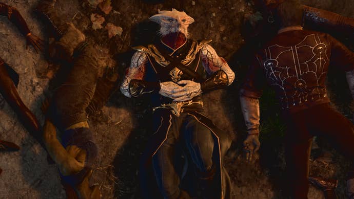 Baldur’s Gate 3’s monstrous Dark Urge character lying contemplatively on their back next to a bunch of corpses