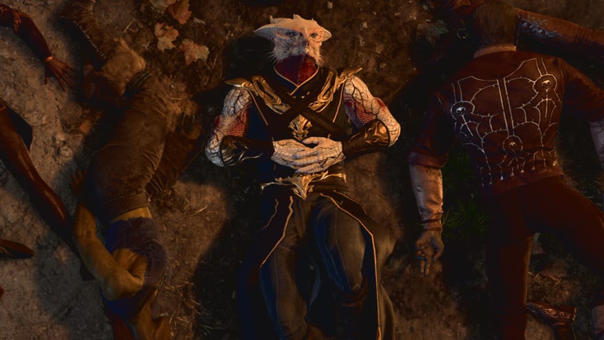 Baldur’s Gate 3’s monstrous Dark Urge character lying contemplatively on their back next to a bunch of corpses
